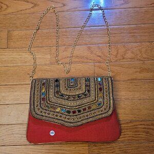 Glint Multicolor Gem & Gold Bead Clutch w/ Shoulder Chain
